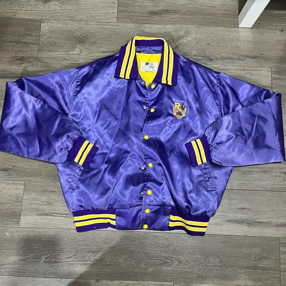 VINTAGE 90s West Wind purple/yellow satin lettermen/bomber jacket
